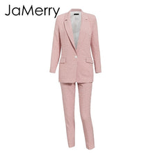 Load image into Gallery viewer, JaMerry Vintage casual women pink plaid blazer suit Autumn single breasted long sleeve female office pants suits Winter outwear
