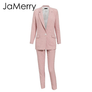 JaMerry Vintage casual women pink plaid blazer suit Autumn single breasted long sleeve female office pants suits Winter outwear