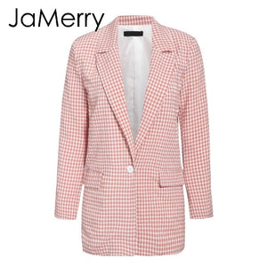 JaMerry Vintage casual women pink plaid blazer suit Autumn single breasted long sleeve female office pants suits Winter outwear