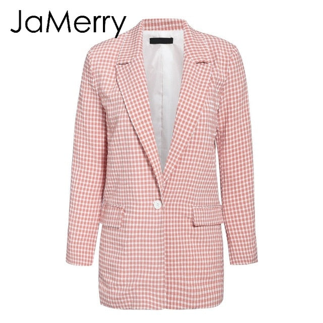 JaMerry Vintage casual women pink plaid blazer suit Autumn single breasted long sleeve female office pants suits Winter outwear