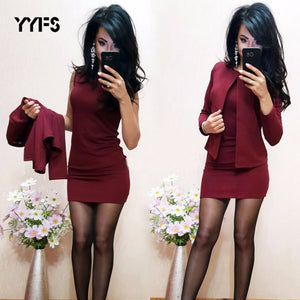 YYFS Suits Dress Womens Sexy Sheath O-Neck Mini Dress Casual Coat Two Pieces 2020 New elastic force garnitur damski Sets blazer