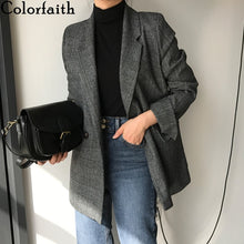 Load image into Gallery viewer, Colorfaith New 2019 Autumn Winter Women&#39;s Blazers Plaid Double Breasted Pockets Formal Jackets Notched Outerwear Tops JK7113
