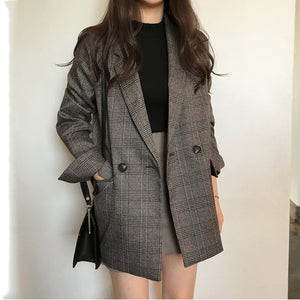 Colorfaith New 2019 Autumn Winter Women's Blazers Plaid Double Breasted Pockets Formal Jackets Notched Outerwear Tops JK7113