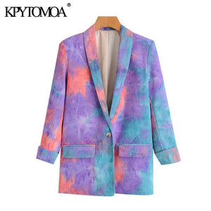 KPYTOMOA Women 2020 Fashion Single Button Tie-dye Blazer Coat Vintage Long Sleeve Pockets Female Outerwear Chic Tops