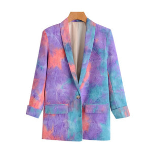 KPYTOMOA Women 2020 Fashion Single Button Tie-dye Blazer Coat Vintage Long Sleeve Pockets Female Outerwear Chic Tops